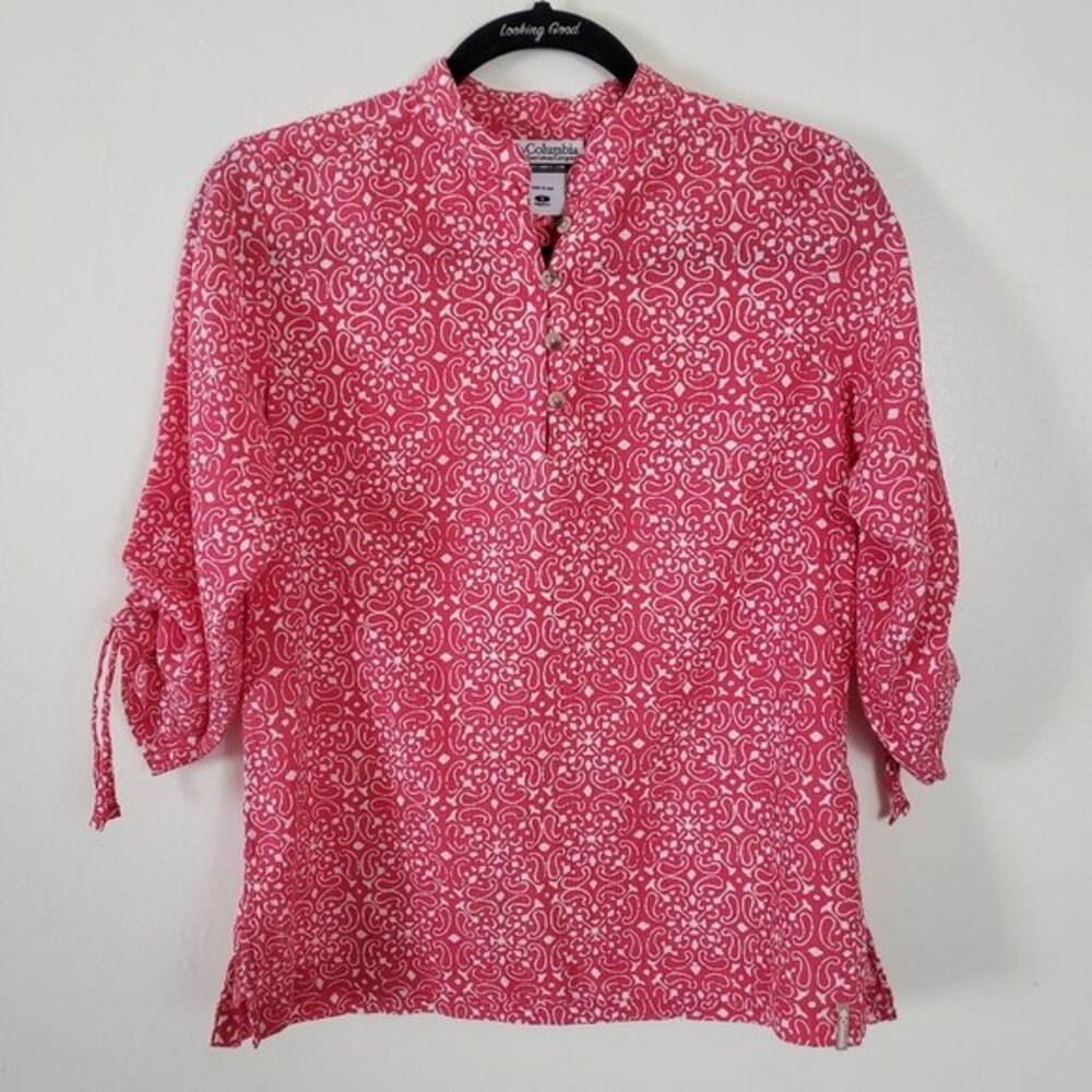 Columbia Popover Shirt Small Red Crinkle Gauze Mandala Floral Boho Outdoors